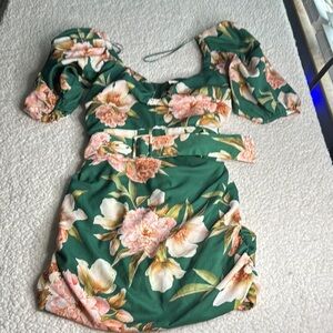 Luxxel Green Floral Puff Sleeve Mini Dress